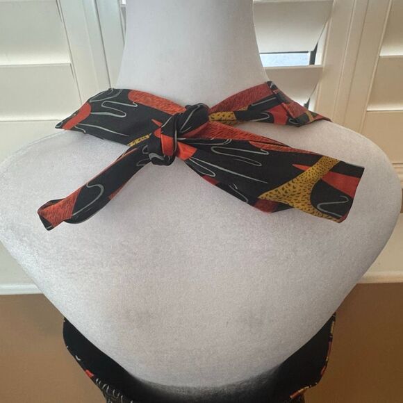 Vintage Bettie Page XL Halter Swing Dress Black Orange Boomerang Print Retro Mod - Picture 5 of 7